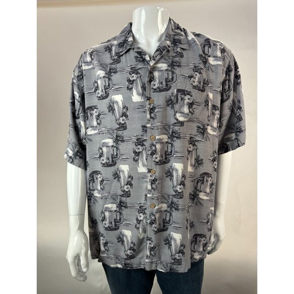 George Mens Large Rayon Grey Mist Hawaiian Print Short Sleeve Button-Up Shirt - Picture 1 of 16